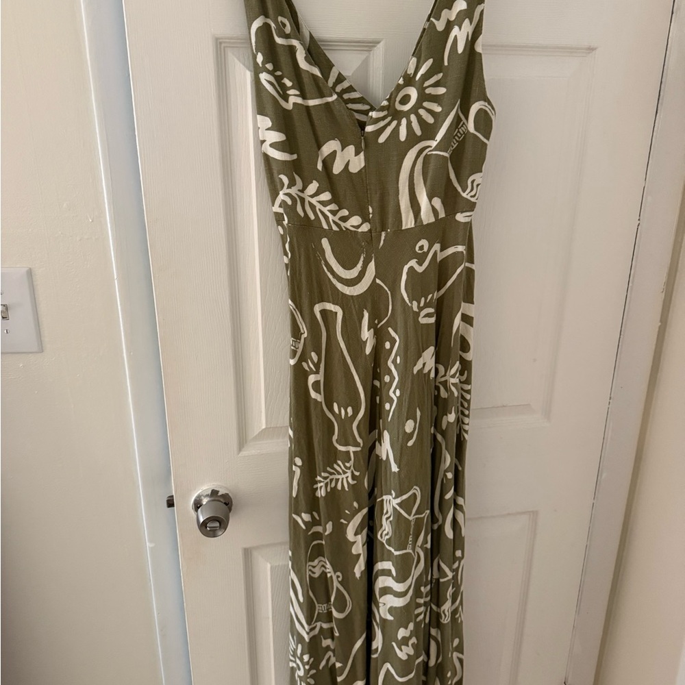 Olive Green Maxi Dress with White Pattern